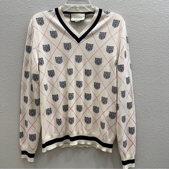 Gucci Tiger Sweater Size Small Argyle Off White Navy Red Authentic *small flaw* - Picture 1 of 9